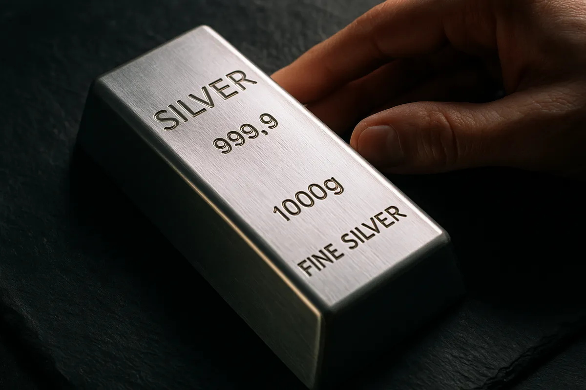 A silver bullion bar on a dark slate surface, with a hand gently touching its reflective surface.