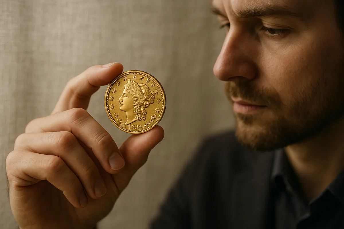 A detailed gold coin held by a thoughtful investor, examining its surface in soft daylight.